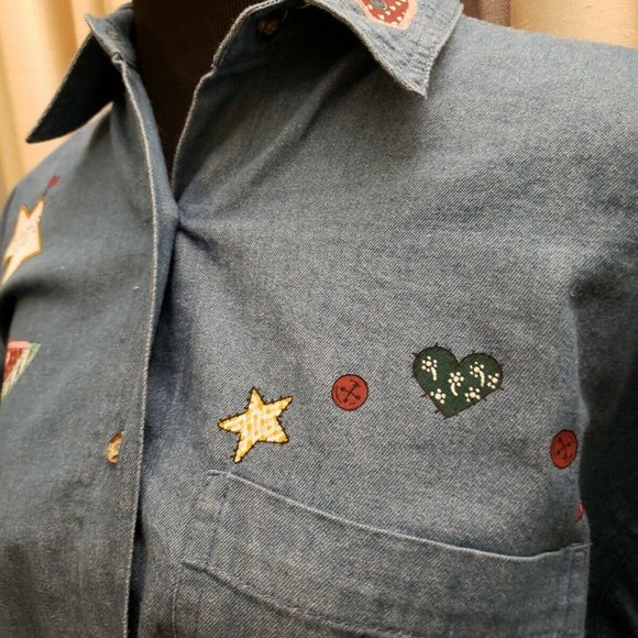 VTG. "Guardian Angel" Denim Oversized  Shirt S - Picture 8 of 12